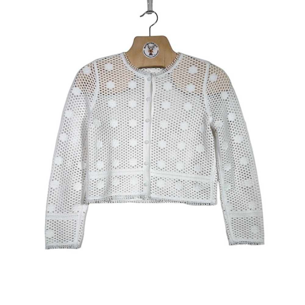 White Crochet Open‎ Knit Textured Polka Dot Cropped Cardigan XS Snap Front